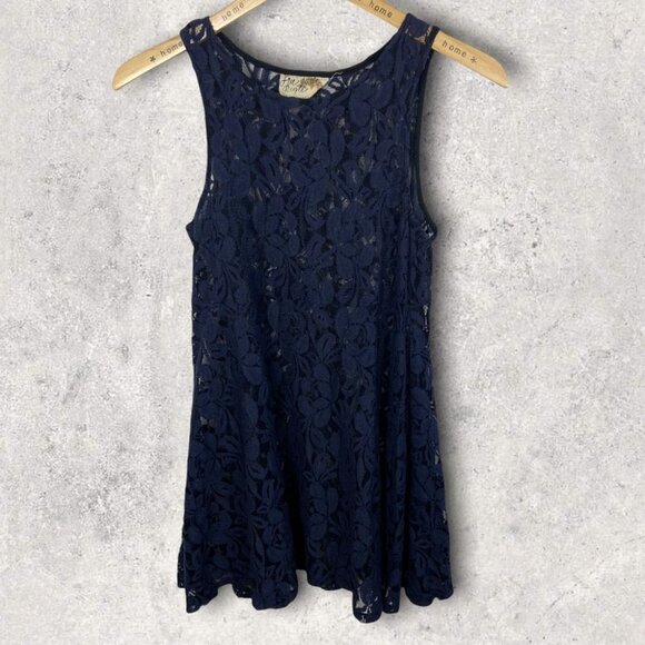 Free People Lace Mini Dress Navy Blue Size XS‎ Bohemian Romantic Eyelet Boho - Picture 2 of 11